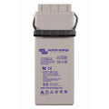 Victron Energy AGM 12-115 rechargeable battery with gray casing, black carrying strap, and blue branding label showing specif