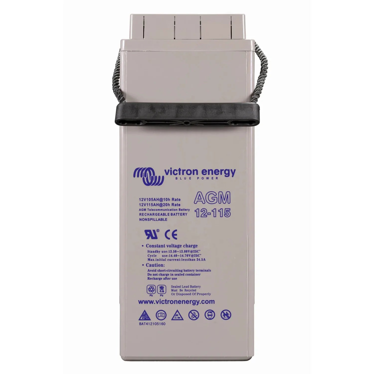 Victron Energy AGM 12-115 rechargeable battery with gray casing, black carrying strap, and blue branding label showing specif
