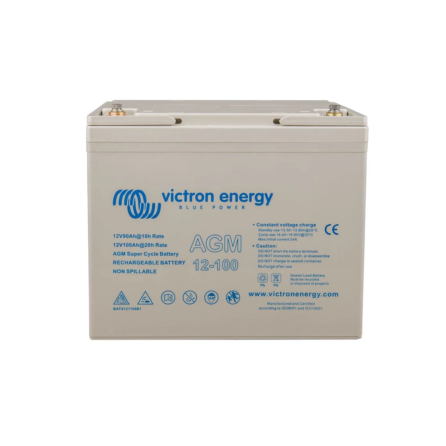 Victron Energy 12V 100Ah AGM Super Cycle rechargeable battery with Blue Power branding and safety certifications displayed on