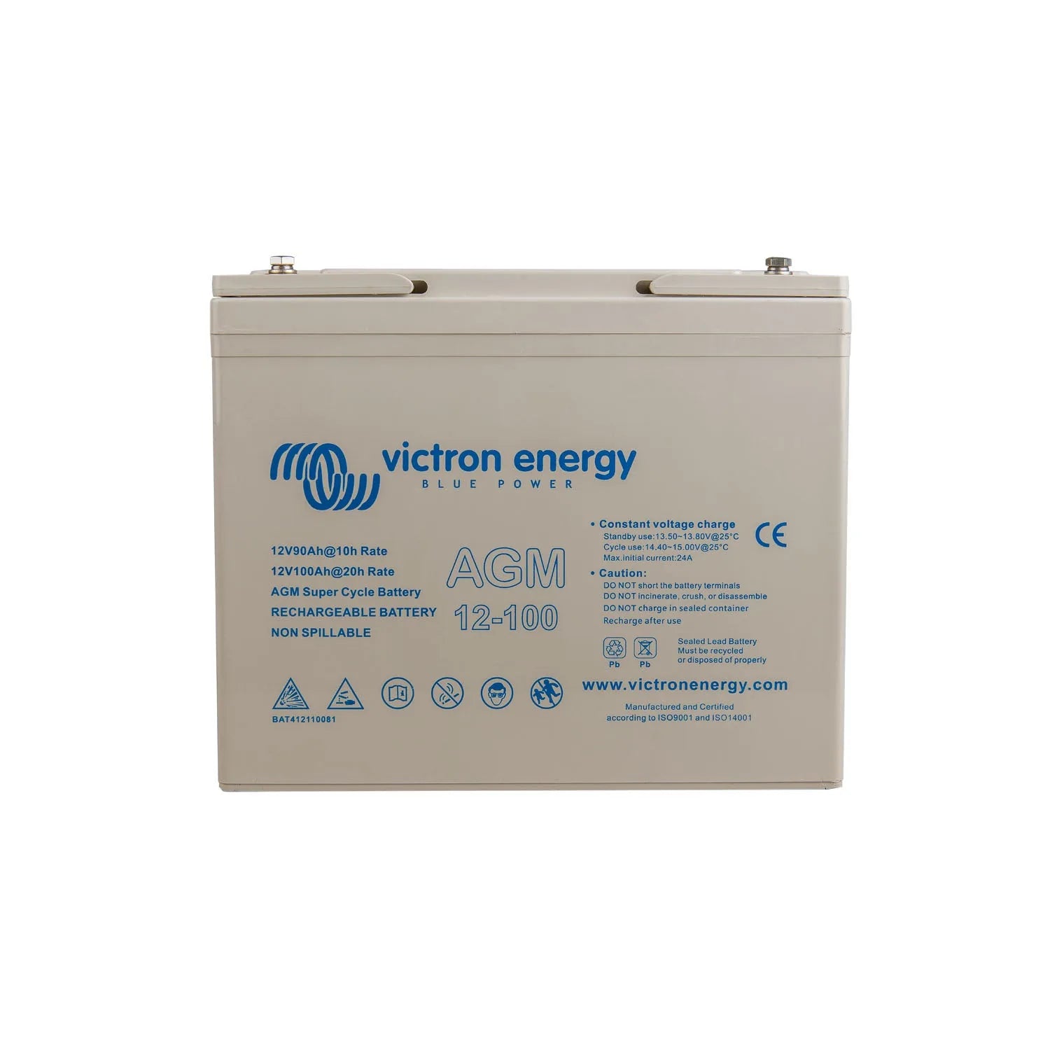 Victron Energy 12-100 AGM rechargeable battery, beige rectangular case with blue branding and safety icons.