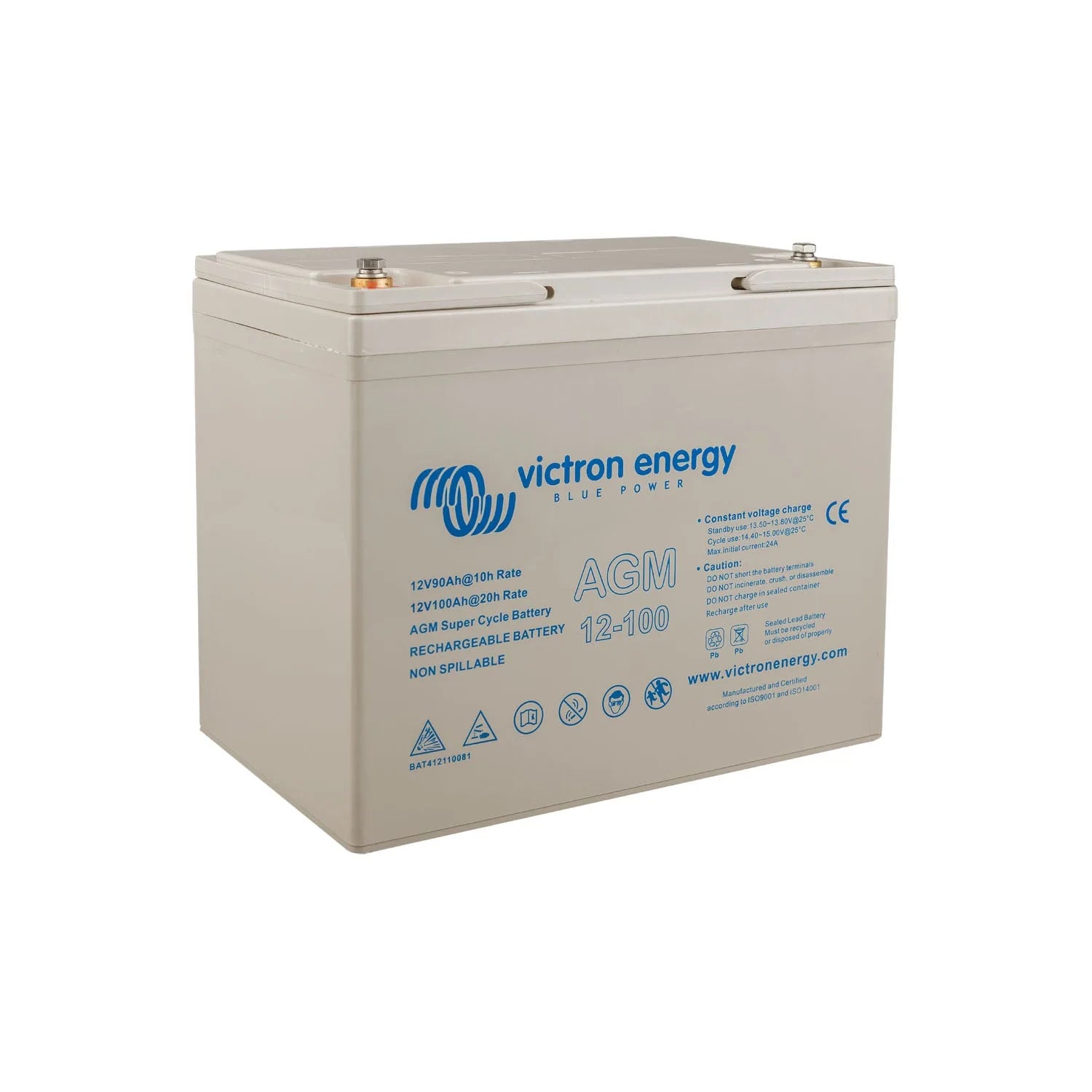 Victron Energy 12V 100Ah AGM Super Cycle rechargeable battery, cream-colored rectangular unit with blue branding and specific