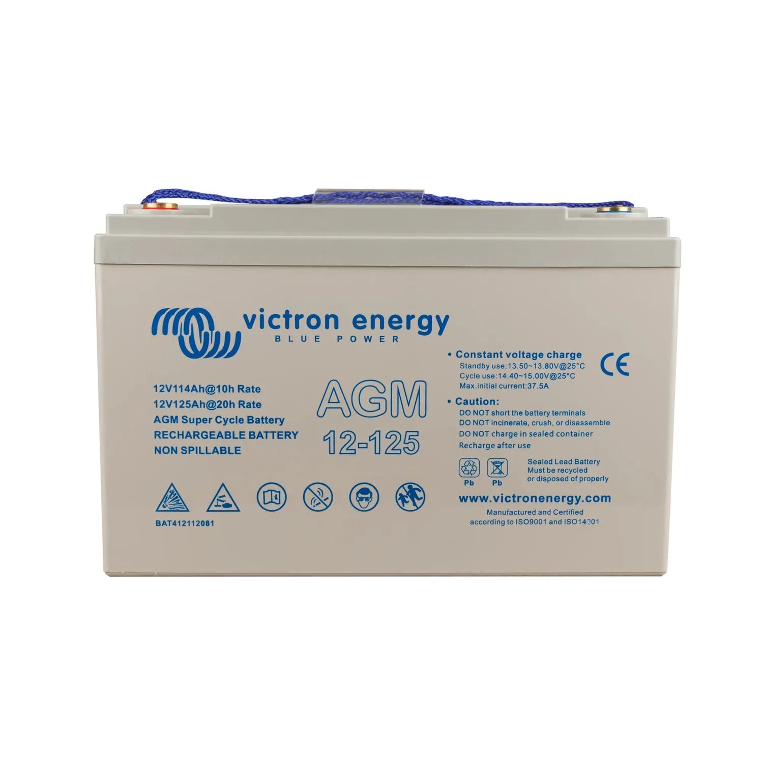 Victron Energy AGM 12-125 rechargeable battery with blue terminals and instruction labels on cream-colored case.