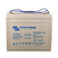 Victron Energy 12V170 AGM rechargeable battery with blue braided terminal cables against white background.
