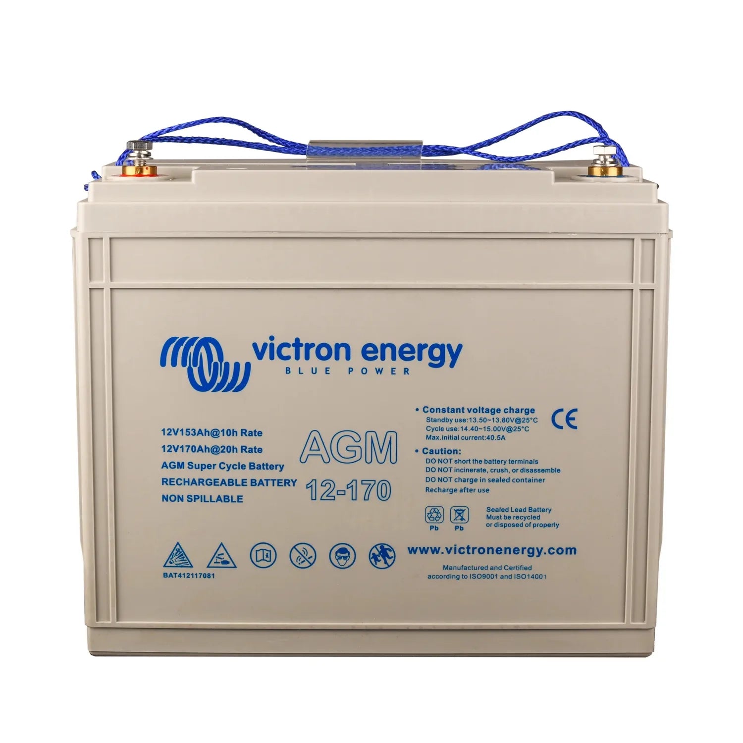 Victron Energy 12V170 AGM rechargeable battery with blue braided terminal cables against white background.