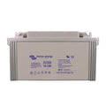 Victron Energy AGM 12-130 deep cycle battery, front view showing white casing with blue branding and technical specifications