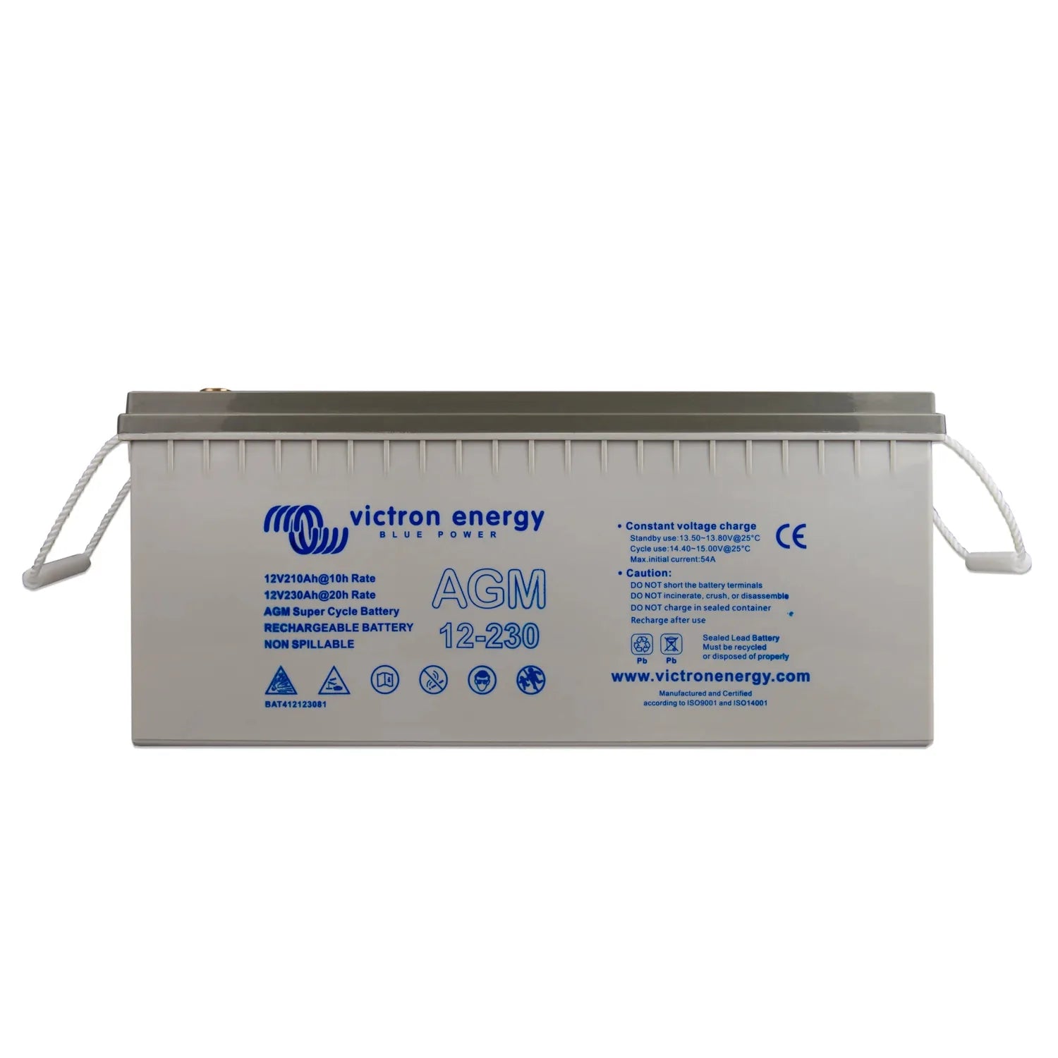 Victron Energy 12V 230Ah AGM Super Cycle rechargeable battery with carrying handles and blue branding label.