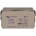 Victron Energy GEL 12-265 sealed lead battery with terminals and recycling symbol on beige rectangular case.
