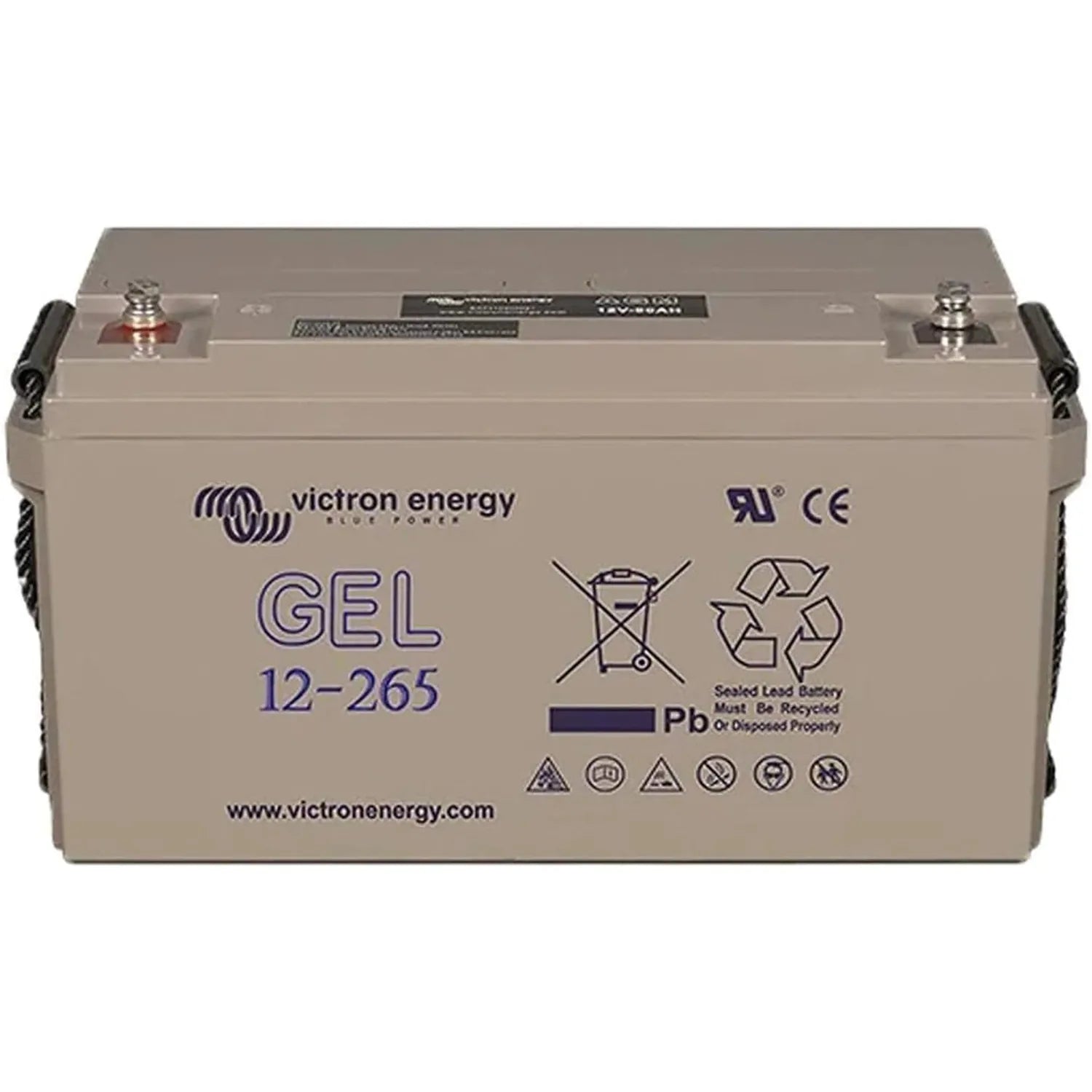 Victron Energy GEL 12-265 sealed lead battery with terminals and recycling symbol on beige rectangular case.