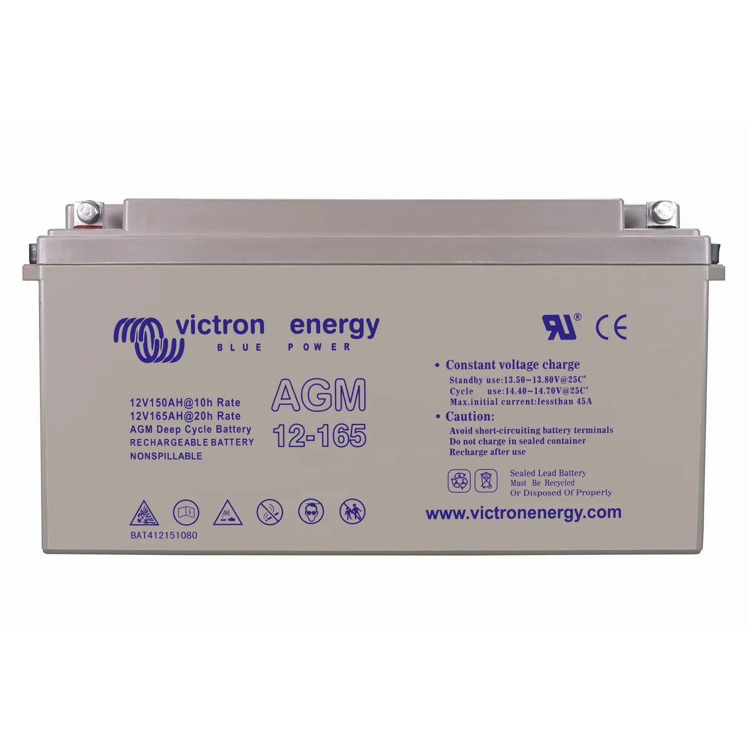 Victron Energy 12V 165Ah AGM deep cycle rechargeable battery with terminals visible and product specifications printed on bei