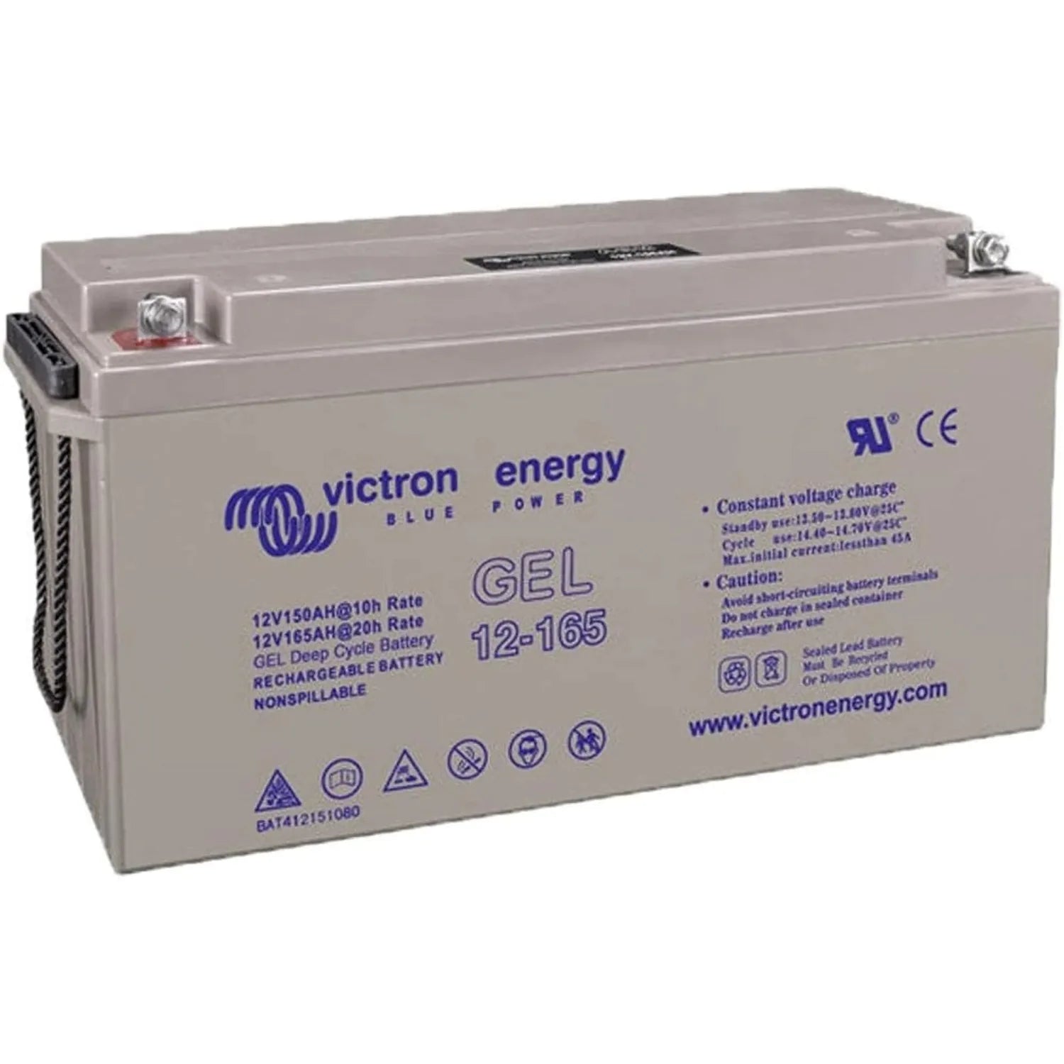 Victron Blue Energy GEL 12-165 rechargeable deep cycle battery, beige rectangular unit with terminal posts and safety labels.