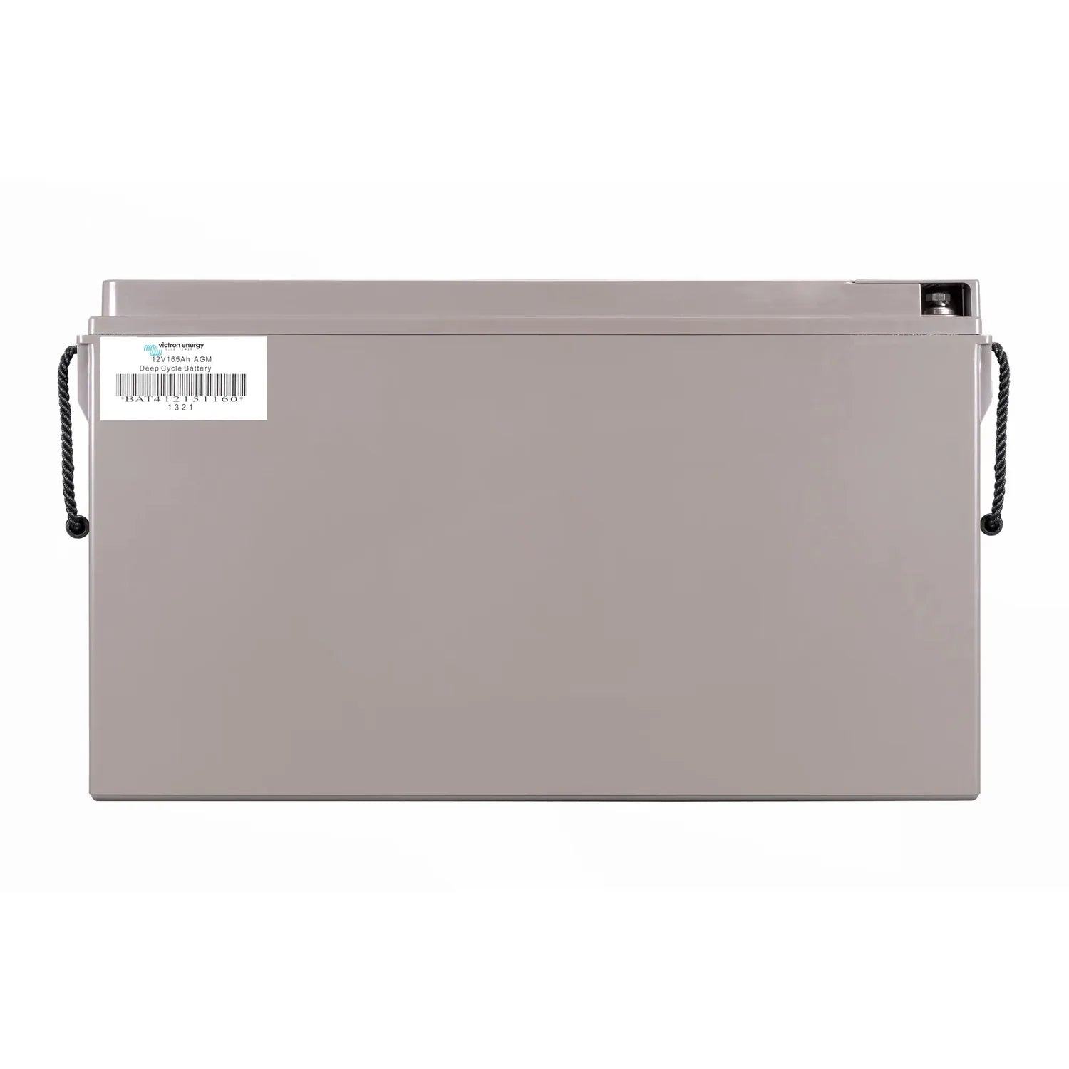 Victron 12V 165Ah AGM battery, top-down view showing gray rectangular case with product label and black rope handles on sides