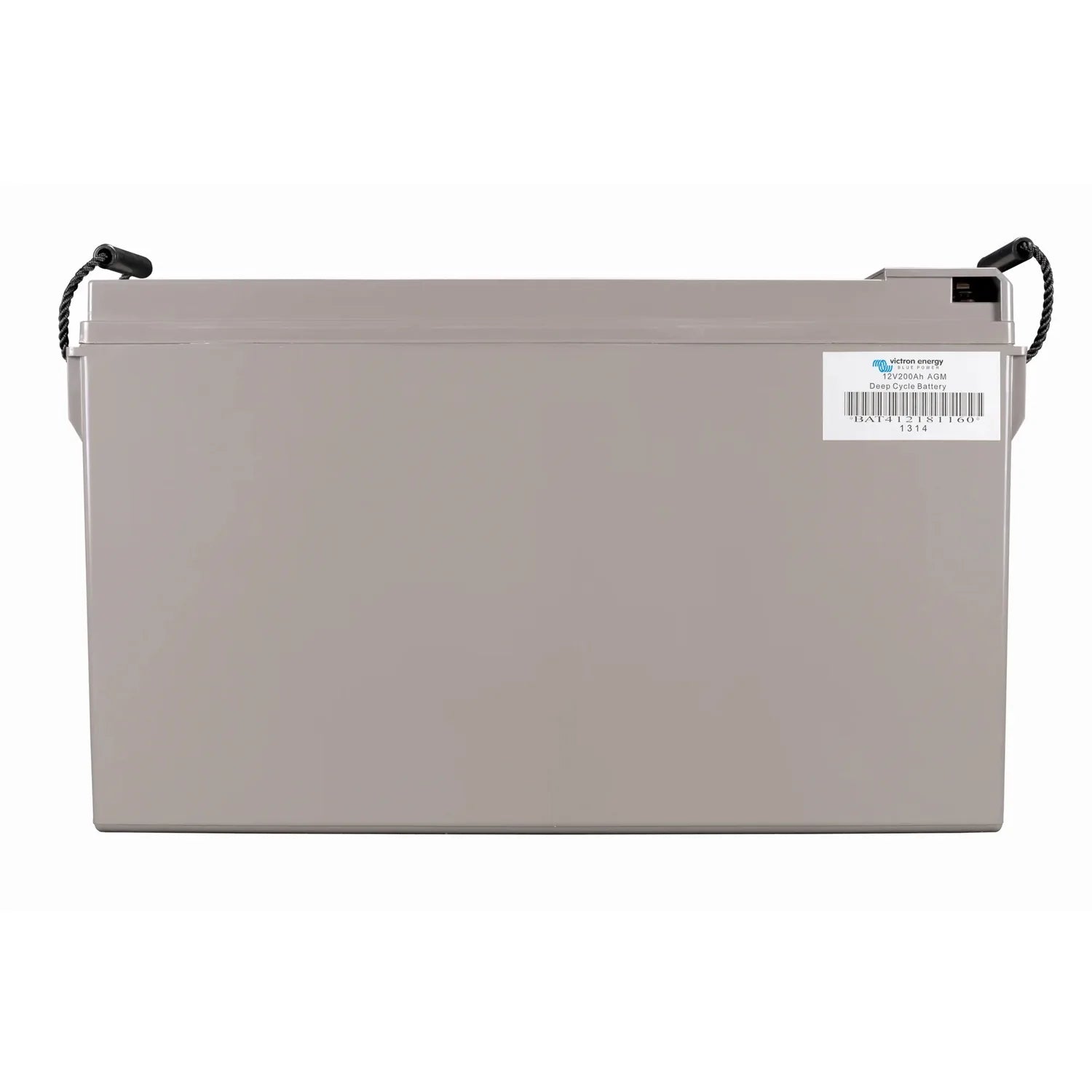 Victron 12V 200Ah AGM battery with gray rectangular case, carrying handles, and product label visible on top right corner.