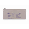 Victron Energy AGM 12-220 deep cycle rechargeable battery, front view showing specifications and safety certifications.