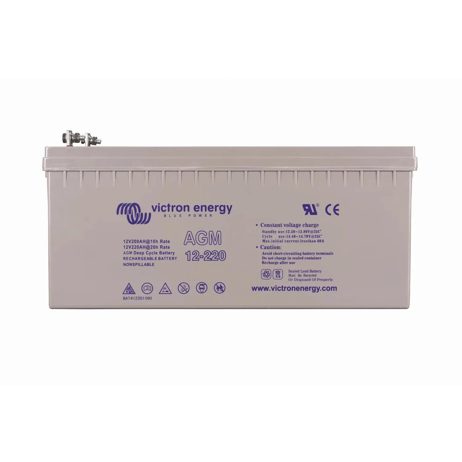 Victron Energy AGM 12-220 deep cycle rechargeable battery, front view showing specifications and safety certifications.