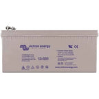 Victron Energy 12-220 gel deep cycle battery, rectangular beige casing with terminals on top and blue branding.