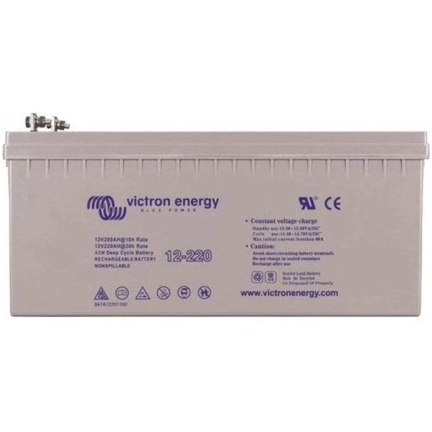 Victron Energy 12-220 gel deep cycle battery, rectangular beige casing with terminals on top and blue branding.