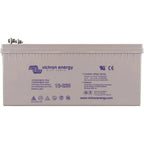Victron Energy 12-220 gel deep cycle battery, beige rectangular unit with blue branding and terminal posts on top.