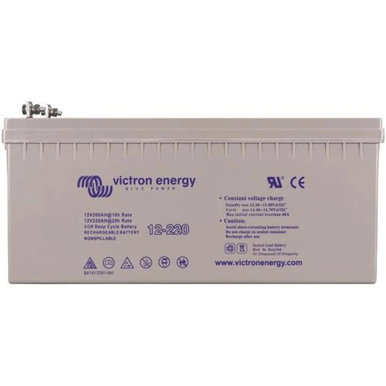 Victron Energy 12-220 gel deep cycle battery, beige rectangular unit with blue branding and terminal posts on top.