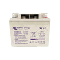 Victron Energy 12V 38Ah AGM deep cycle battery with cream-colored casing, terminal connectors on top, and product specificati