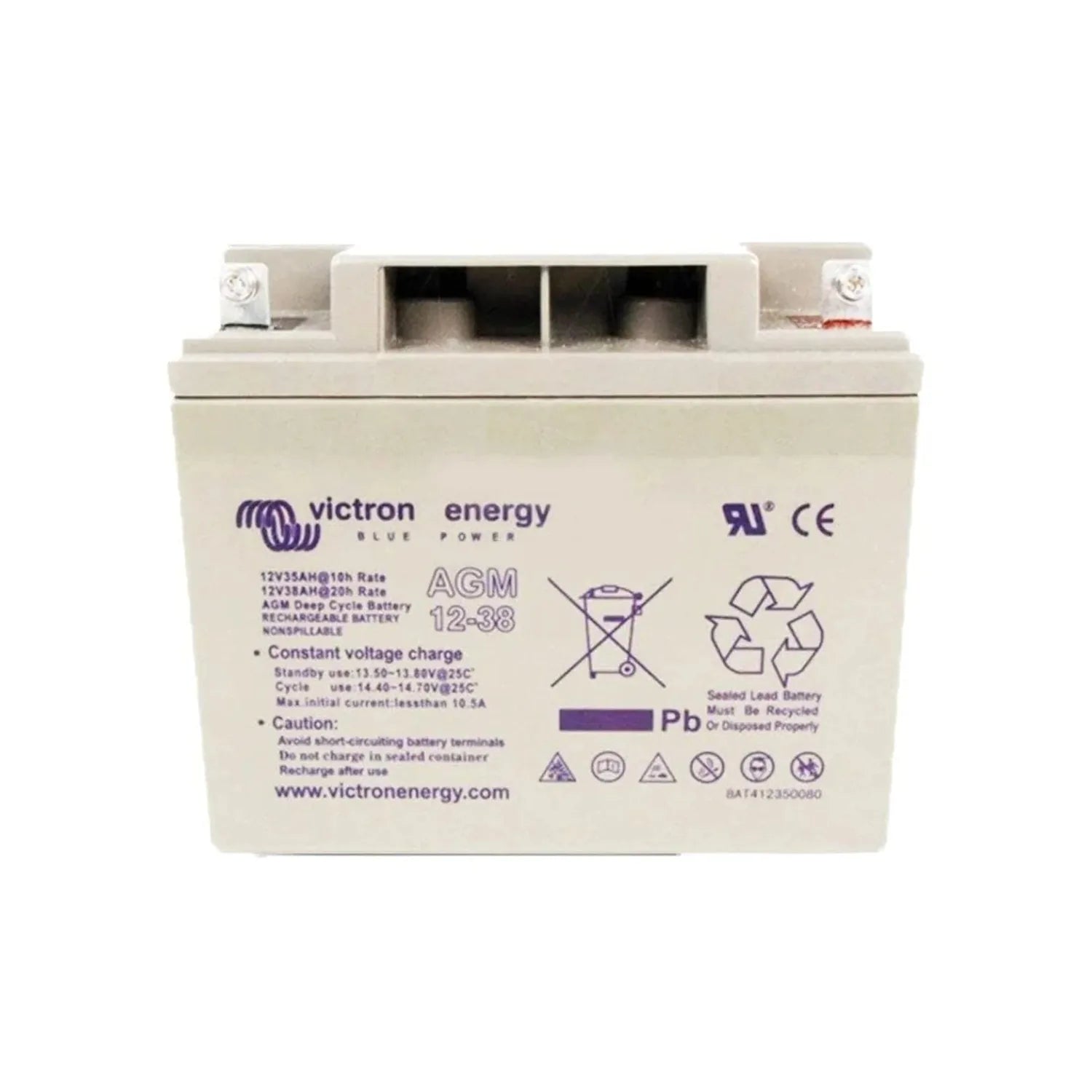 Victron Energy 12V 38Ah AGM deep cycle battery with cream-colored casing, terminal connectors on top, and product specificati