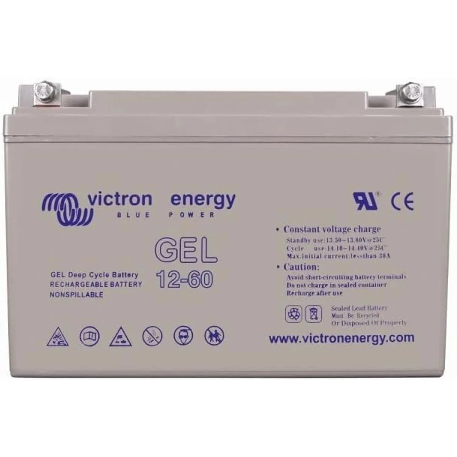 Victron Energy Blue Power GEL 12-60 rechargeable deep cycle battery with terminals visible against white background.