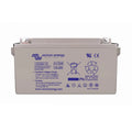 Victron Energy AGM 12-90 rechargeable battery, beige rectangular case with blue branding and safety icons, top view showing t