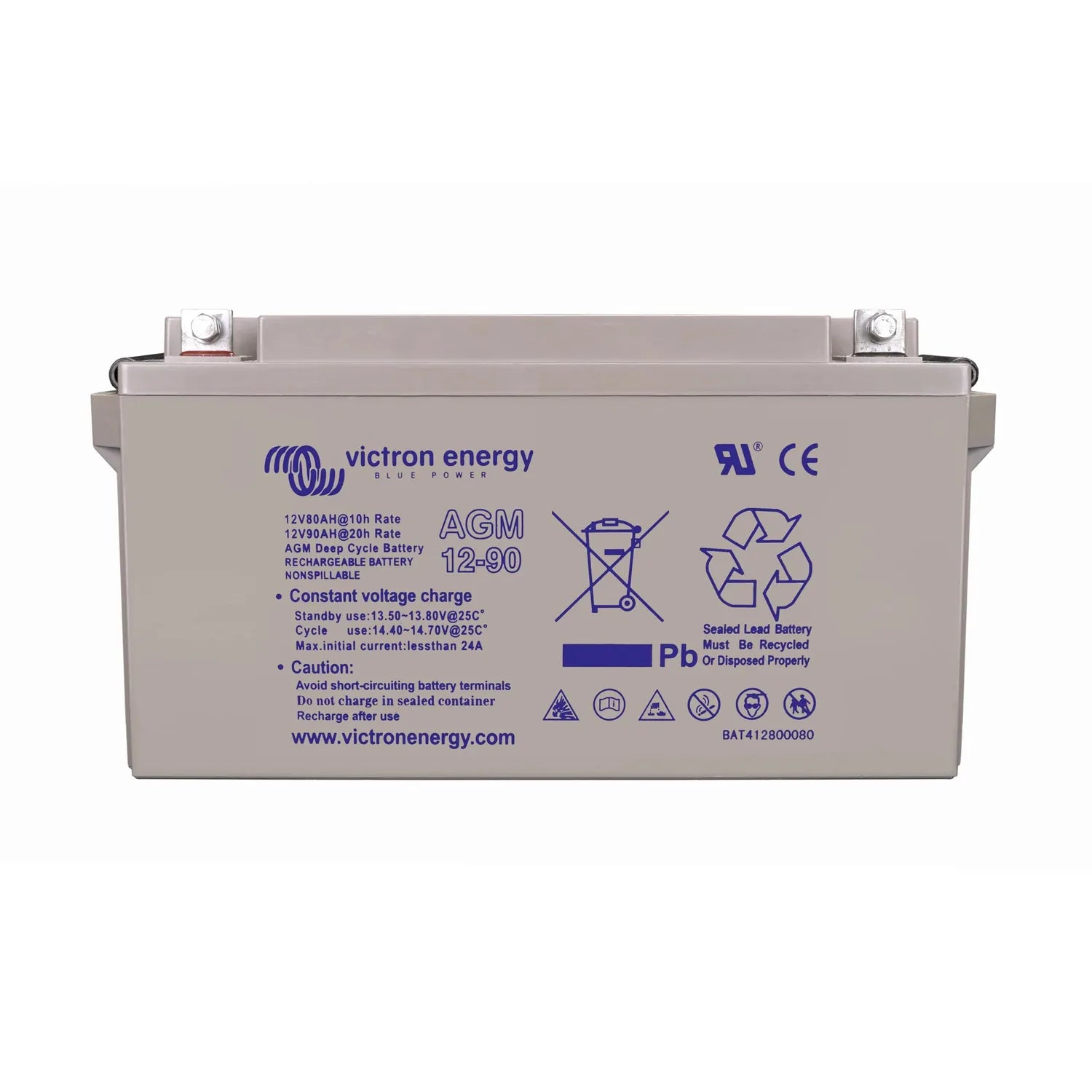 Victron Energy AGM 12-90 rechargeable battery, beige rectangular case with blue branding and safety icons, top view showing t