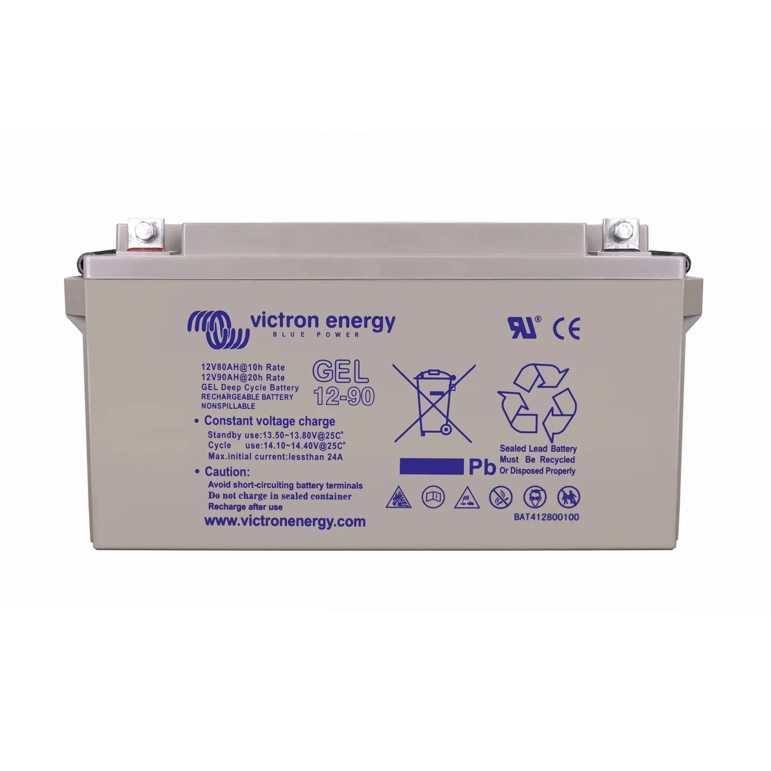 Victron Energy GEL 12-90 rechargeable lead battery with terminal connections visible, front product view.