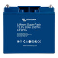 Victron Energy Lithium SuperPack 12.8V 20Ah 256Wh LiFePO4 battery, blue rectangular case with silver terminals and safety ico