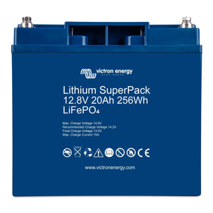 Victron Energy Lithium SuperPack 12.8V 20Ah 256Wh LiFePO4 battery, blue rectangular case with silver terminals and safety ico