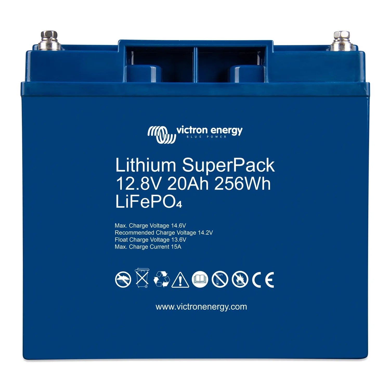 Victron Energy Lithium SuperPack 12.8V 20Ah 256Wh LiFePO4 battery, blue rectangular case with silver terminals and safety ico