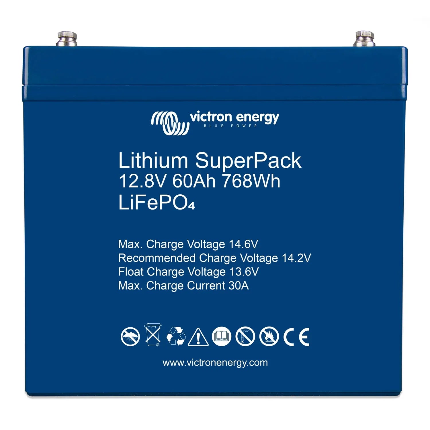 Victron Energy Lithium SuperPack 12.8V 60Ah battery front label showing specifications and safety certifications.