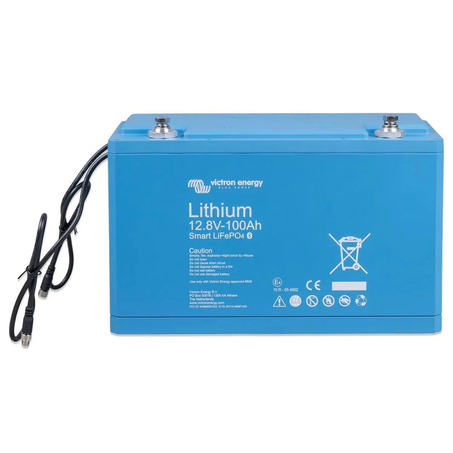 Victron Energy blue lithium battery 12.8V 100Ah with attached black cables and safety certification symbols on front panel.