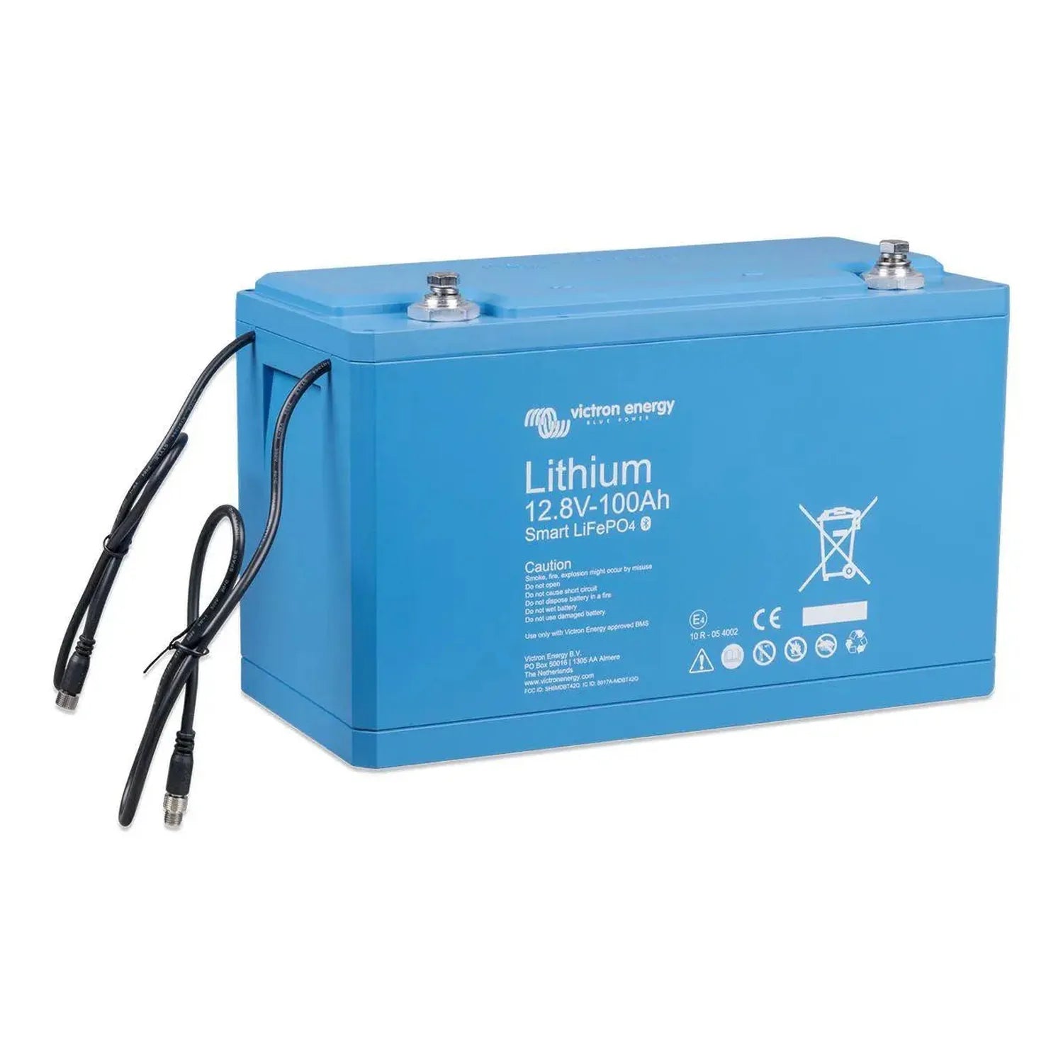 Victron Energy Lithium 12.8V-100Ah Smart LiFePO4 battery in bright blue with two black cable connectors attached.