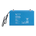 Victron Energy Lithium 12.8V-100Ah Smart LiFePO4 battery, blue rectangular unit with terminals and black power cables attache