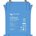 Victron Energy Lithium 12.8V-100Ah NG-LiFePO4 battery with blue casing and terminal connectors, front product view.