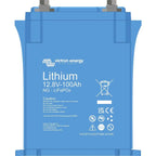 Victron Energy Lithium 12.8V-100Ah NG-LiFePO4 battery with blue casing and terminal connectors, front product view.