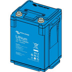 Victron Energy Lithium 12.8V 100Ah NG LiFePO4 battery, blue rectangular case with two brass terminals on top and caution labe