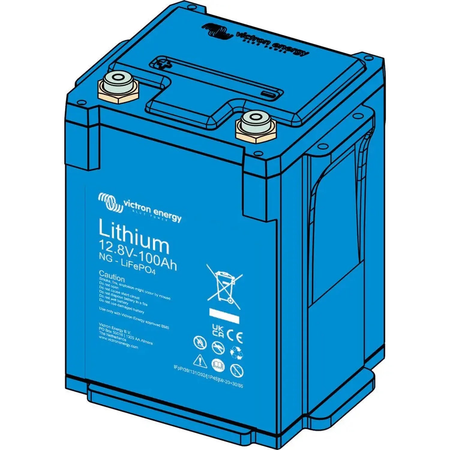 Victron Energy Lithium 12.8V 100Ah NG LiFePO4 battery, blue rectangular case with two brass terminals on top and caution labe