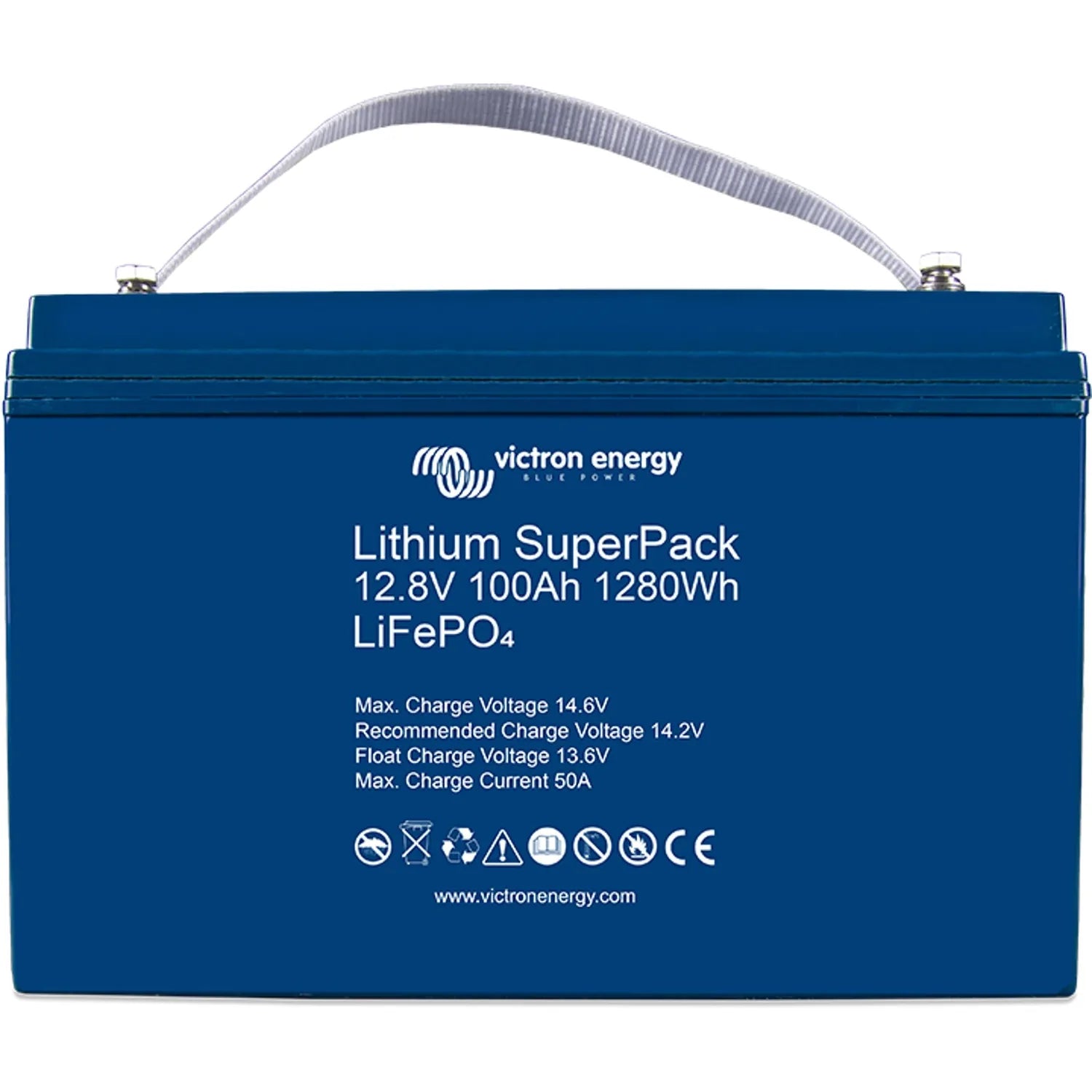 Victron Energy Lithium SuperPack 12.8V 100Ah battery with carrying handle against white background.