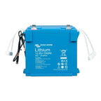 Victron Energy blue lithium 12.8V 150Ah battery with attached cables and terminal connectors, front-facing product view.
