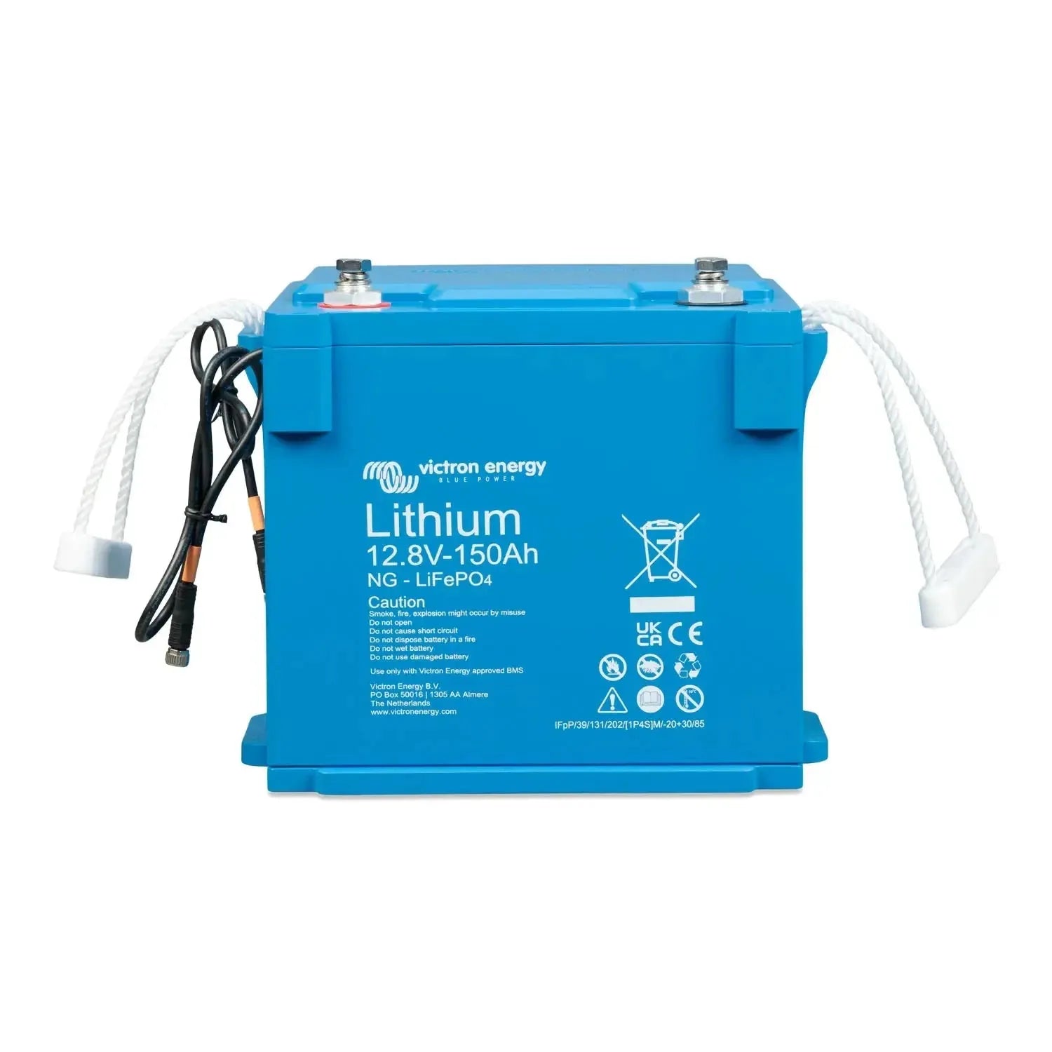 Victron Energy blue lithium 12.8V 150Ah battery with attached cables and terminal connectors, front-facing product view.