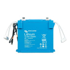 Victron Energy blue lithium battery with 12.8V-150Ah capacity, shown against white background with attached cables and certif