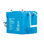 Victron Energy blue lithium 12.8V 150Ah battery with white handles and terminal connectors, product shot on white background.