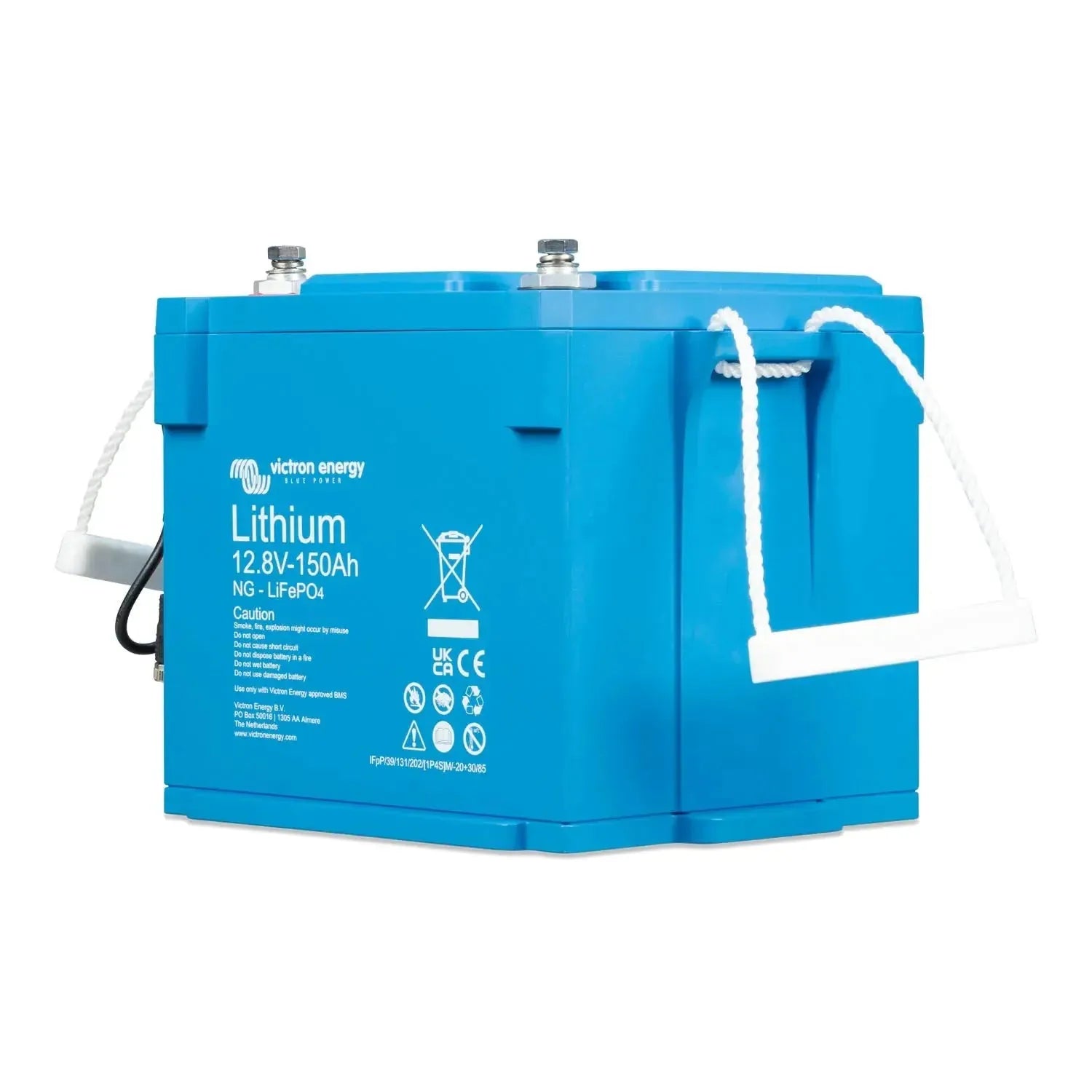 Victron Energy blue lithium 12.8V 150Ah battery with white handles and terminal connectors, product shot on white background.
