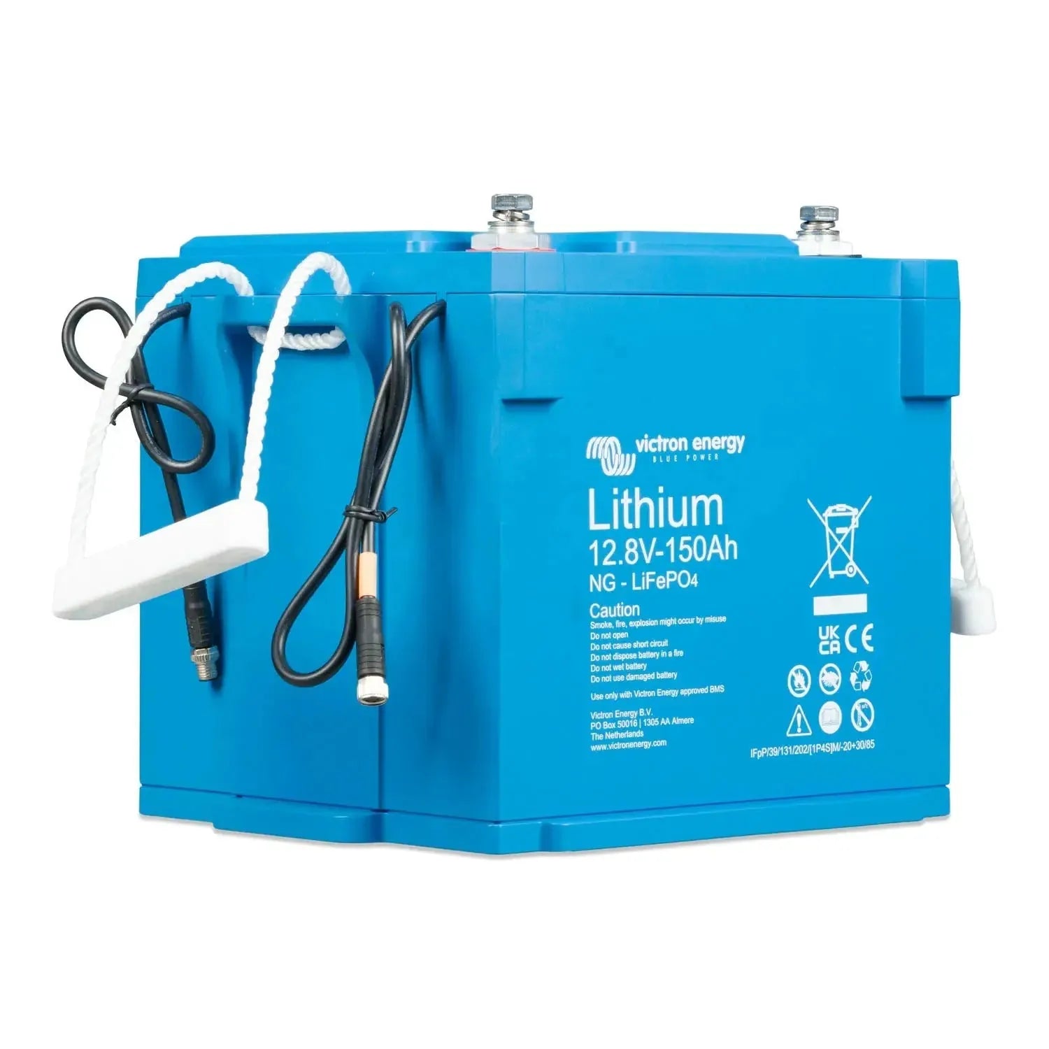 Victron Energy blue lithium battery 12.8V-150Ah with attached black power cables, product photo on white background.