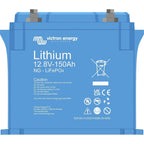 Victron Energy Lithium 12.8V-150Ah NG-LiFePO4 battery front label showing specifications and safety warnings.