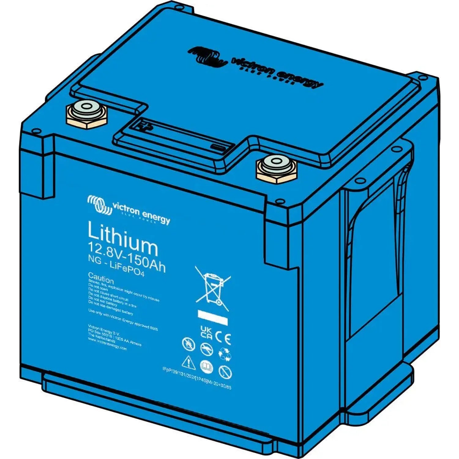 Blue lithium battery with two terminal posts, labeled Victron Energy 12.8V 150Ah NG LiFePO4, shown as isometric product illus
