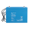 Victron Energy Lithium 12.8V-180Ah Smart LiFePO4 battery, bright blue rectangular case with attached black power cables and m