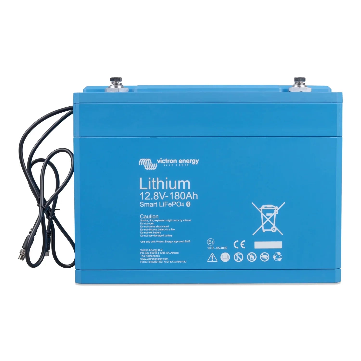 Victron Energy Lithium 12.8V-180Ah Smart LiFePO4 battery, bright blue rectangular case with attached black power cables and m